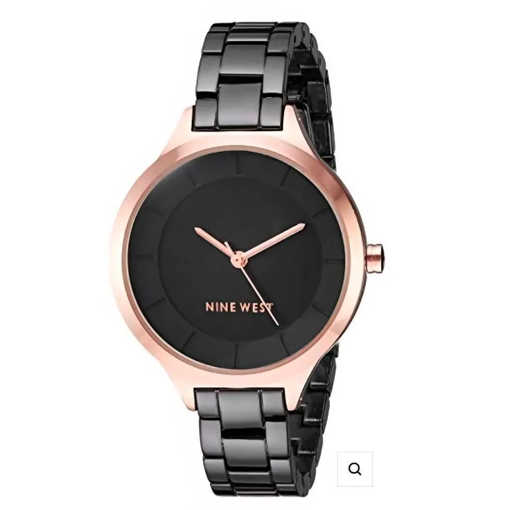 NIB~Women's NINE WEST Black Alloy Rose Gold Bezel Link Bracelet Watch~34MM